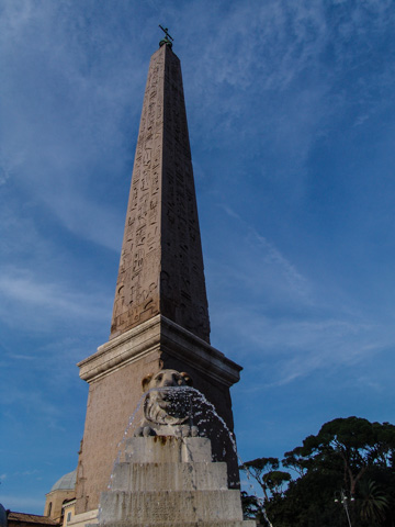 The lion fountains and obelisk on Piazza del Popolo, Rome