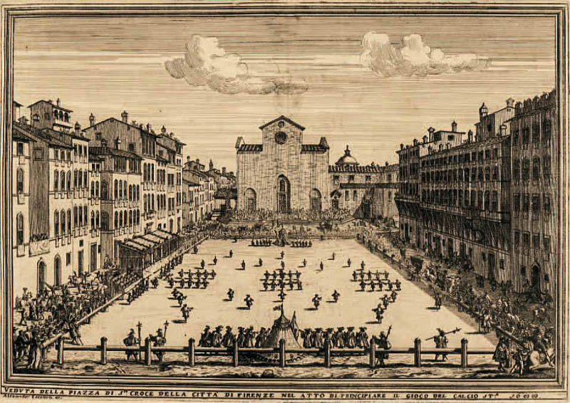 A 1688 engraving of calcio fiorentino in Piazza Santa Croce, Florence.